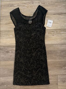 Free People Black Mini Dress with Gold Floral Embroidery